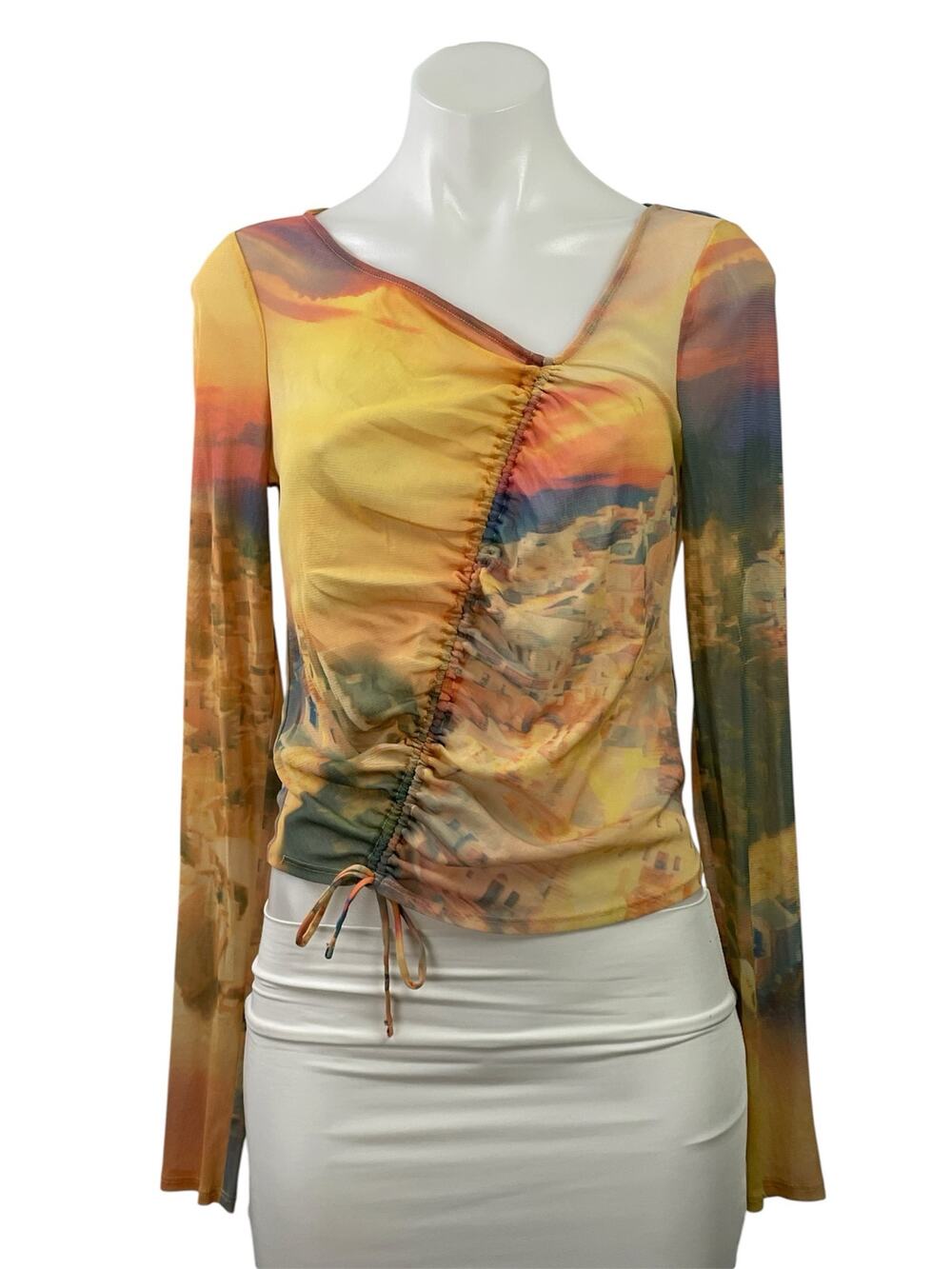 Urban Outfitters Shona Cityscape Mesh Ruched Long Sleeve Blouse Crop Top Size L